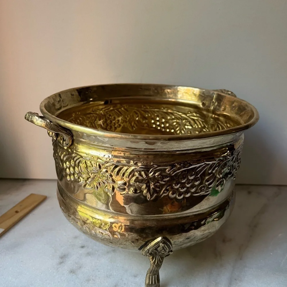 vintage brass footed planter With Handles Embossing Grape Motif India